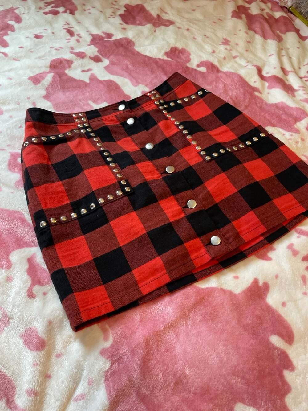 Bar III Red and Black Buffalo Plaid Studded Button-Front Mini Skirt Size 10